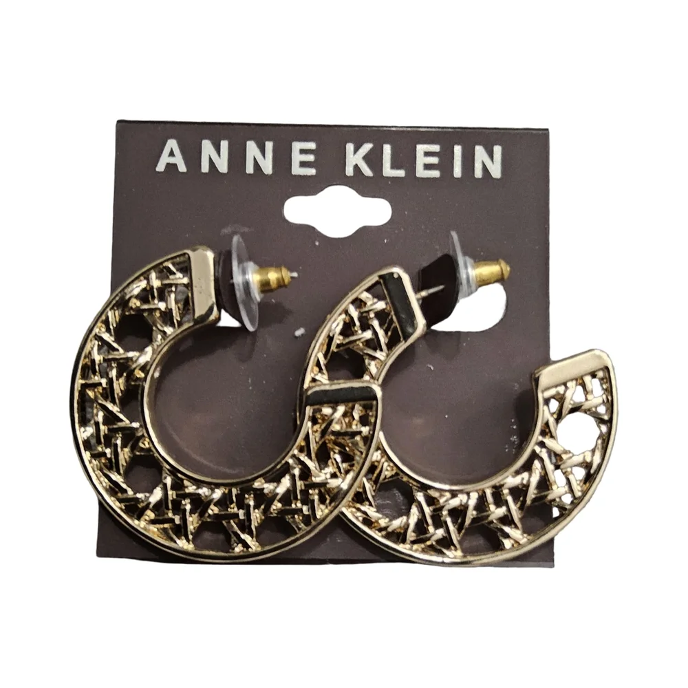 Anne Klein Gold Tone Lattice C Hoop Earrings - Picture 3 of 7